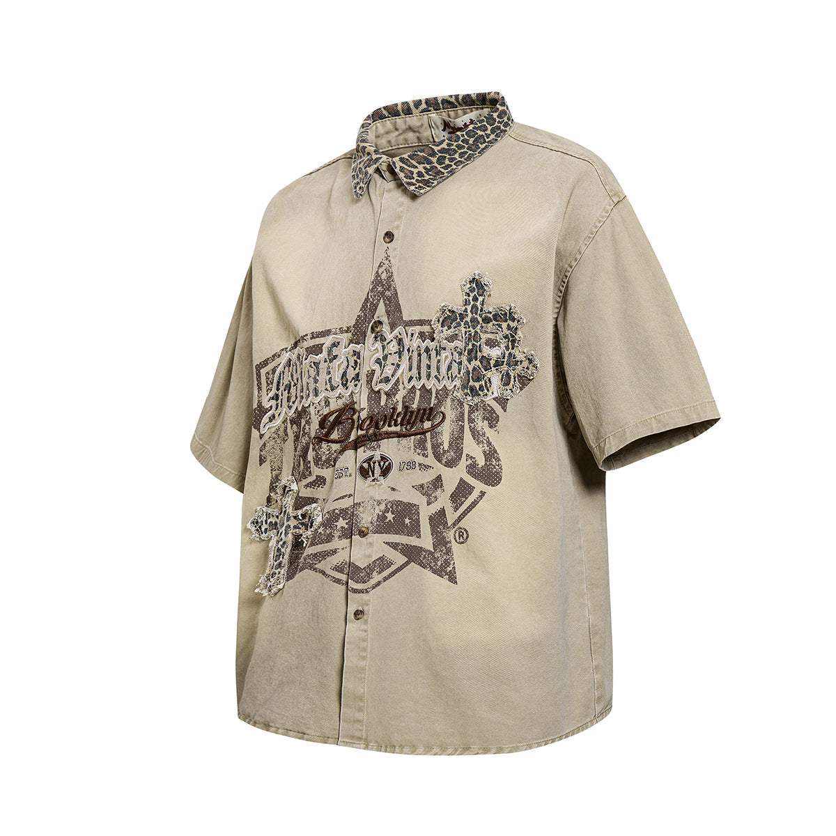 Leopard Print Cross Graphic Short Sleeve Shirt WN25474