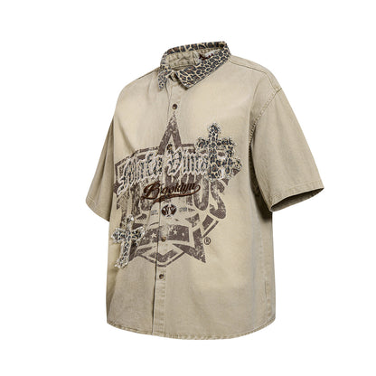 Leopard Print Cross Graphic Short Sleeve Shirt WN25474