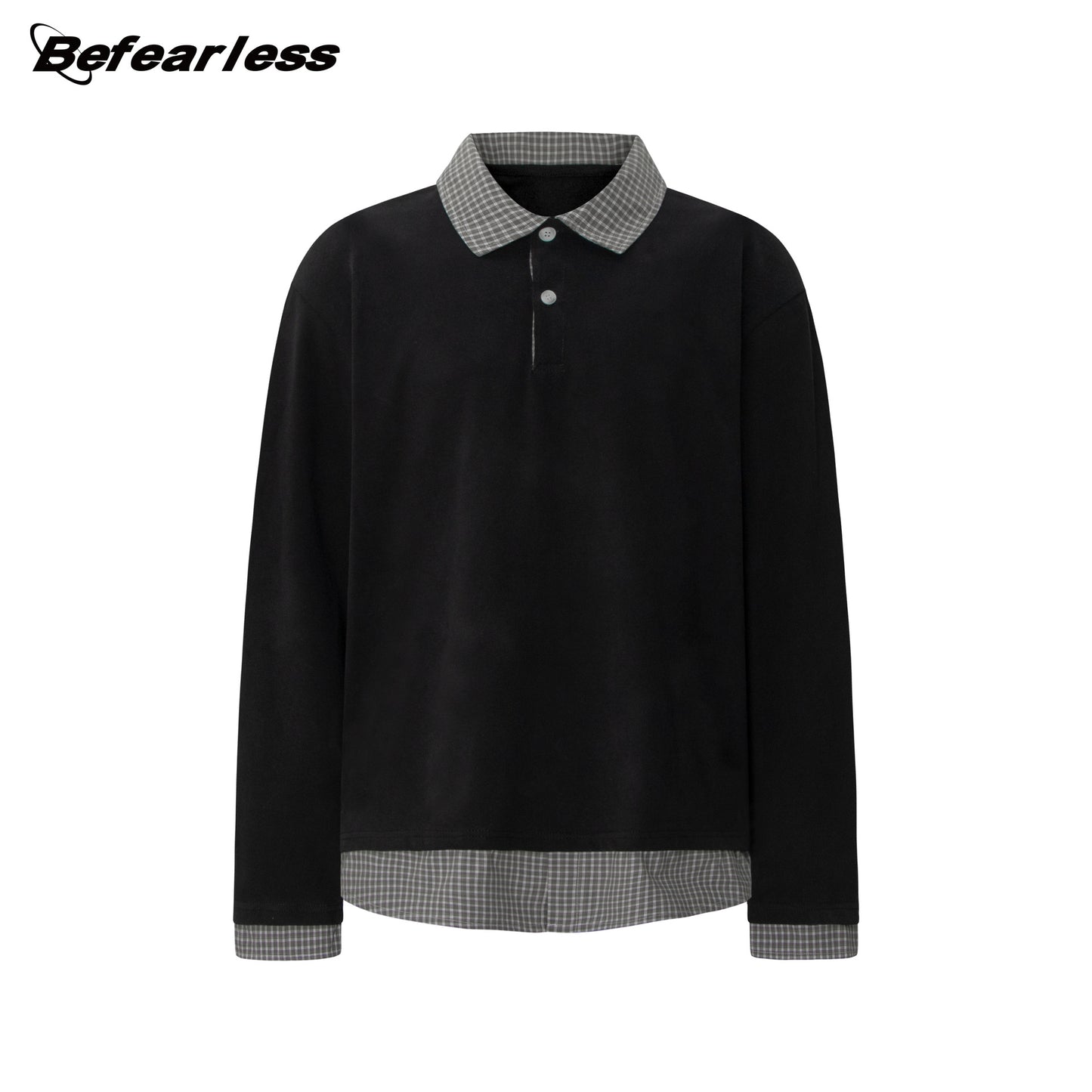 Plaid Collar Fake Layered Boxy Oversize Long Sleeve T-Shirt WN26297