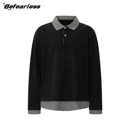 Plaid Collar Fake Layered Boxy Oversize Long Sleeve T-Shirt WN26297