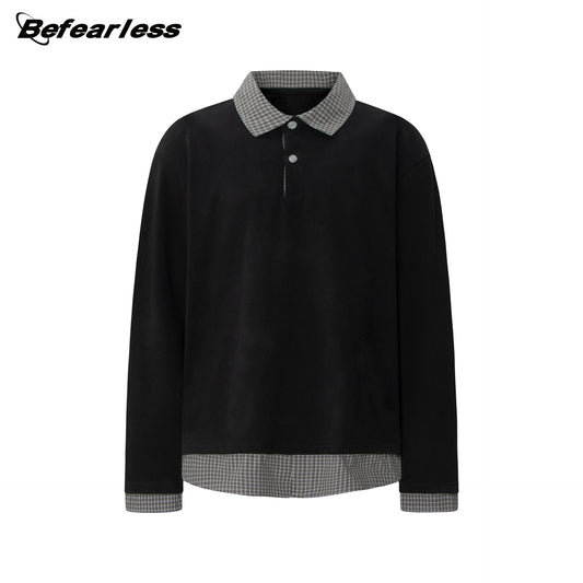 Plaid Collar Fake Layered Boxy Oversize Long Sleeve T-Shirt WN26297