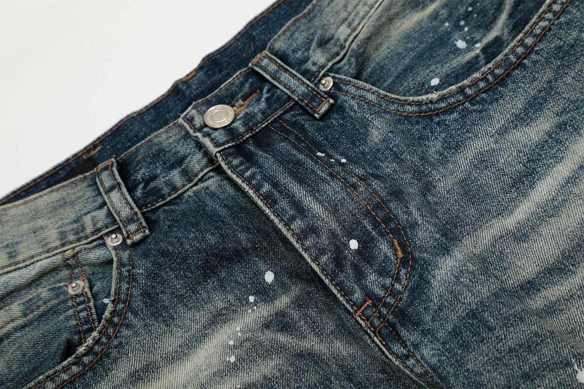 Washed Paint Splatter Curved Wide Leg Denim Jeans WN25737