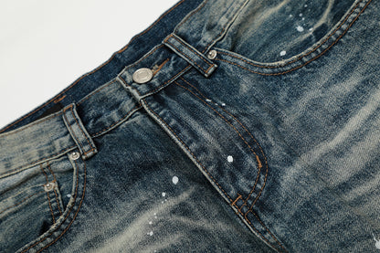 Washed Paint Splatter Curved Wide Leg Denim Jeans WN25737