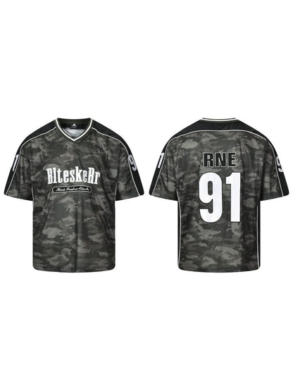 Camouflage Letter Badge Embroidery Contrast Patchwork Oversize Short Sleeve T-Shirt WN27902