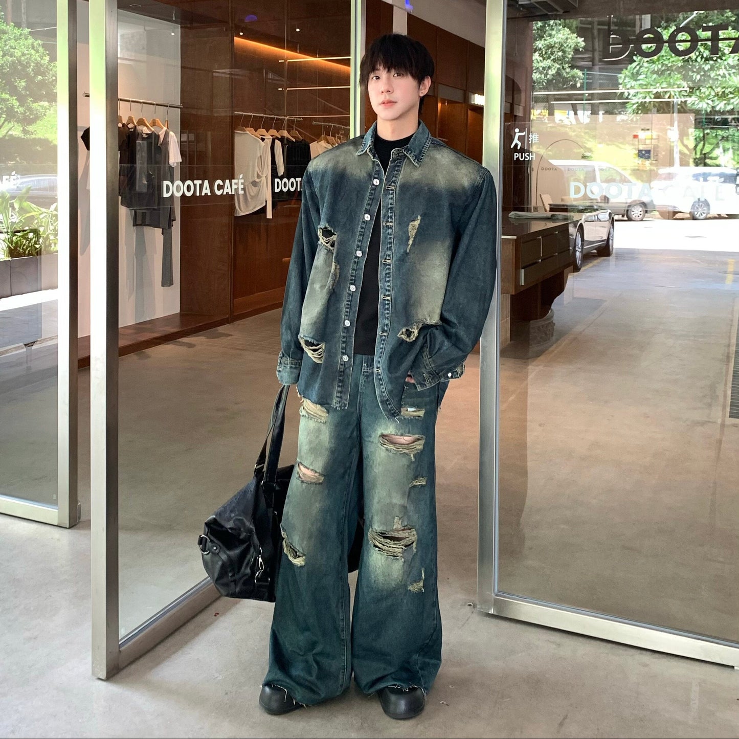 Damage Denim Jacket & Wide Leg Denim Jeans Setup WN25305