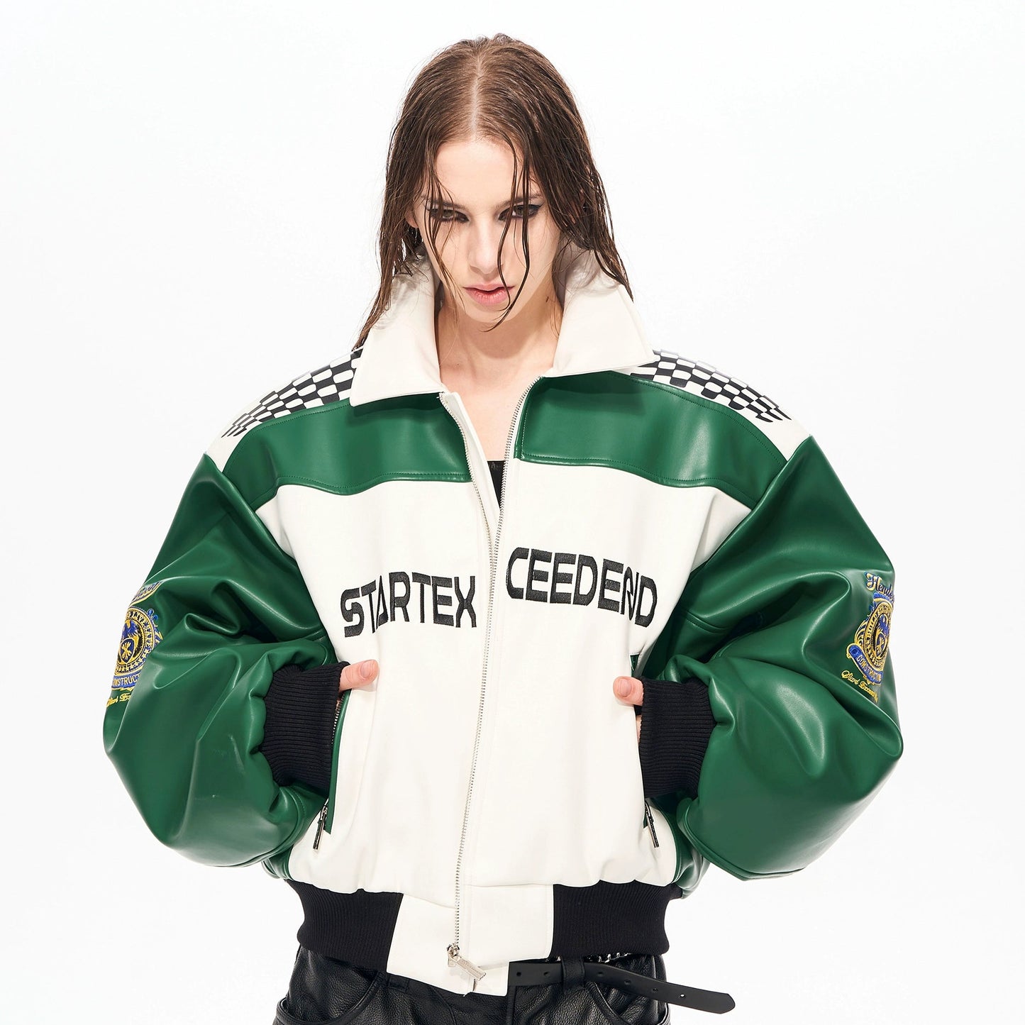 Medal Letter Embroidery PU Leather Jacket WN22143