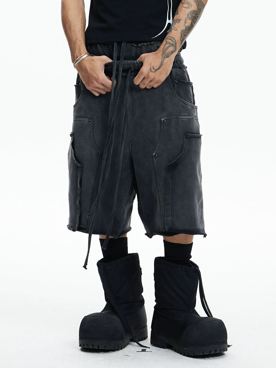 Deconstructed Double Waist Washed Wide Leg Half Sweatpants WN17032