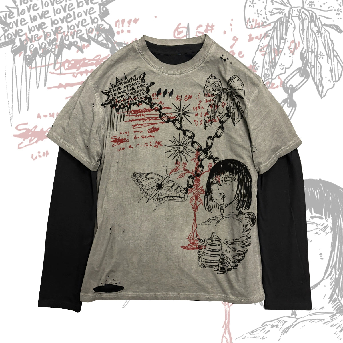 Fake Layered Graphic Design Long Sleeve T-Shirt WN16848