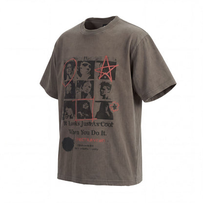 Washed Portrait Letter Print Short Sleeve T-Shirt WN25461