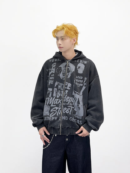 Portrait Letter Graffiti Print Zipper Hoodie WN24271