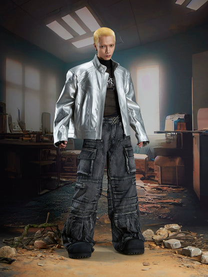 Deconstruction Multi-Pocket Washed Wide Leg Cargo Denim Jeans WN21340