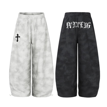 Cloud Washed Cross Embroidery Wide Leg Sweaetpants WN25527