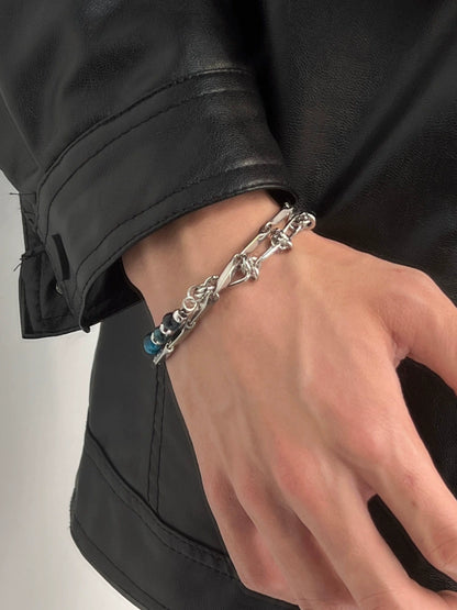 Double Layer Blue Tiger Eye Titanium Steel Bracelet WN19261