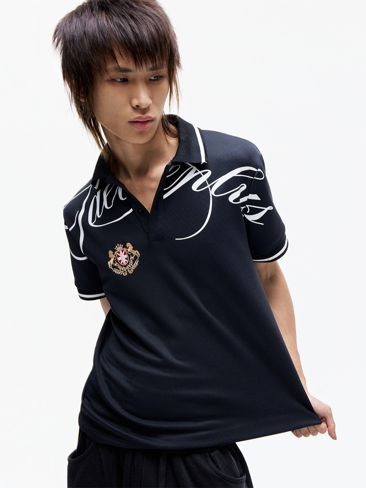 Contrast Script Print Embroidery Polo Collar Short Sleeve T-Shirt WN27292