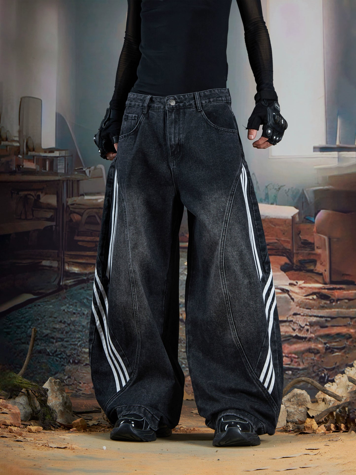 Stripe Deconstruction Patchwork Wide Leg Denim Jeans WN21365