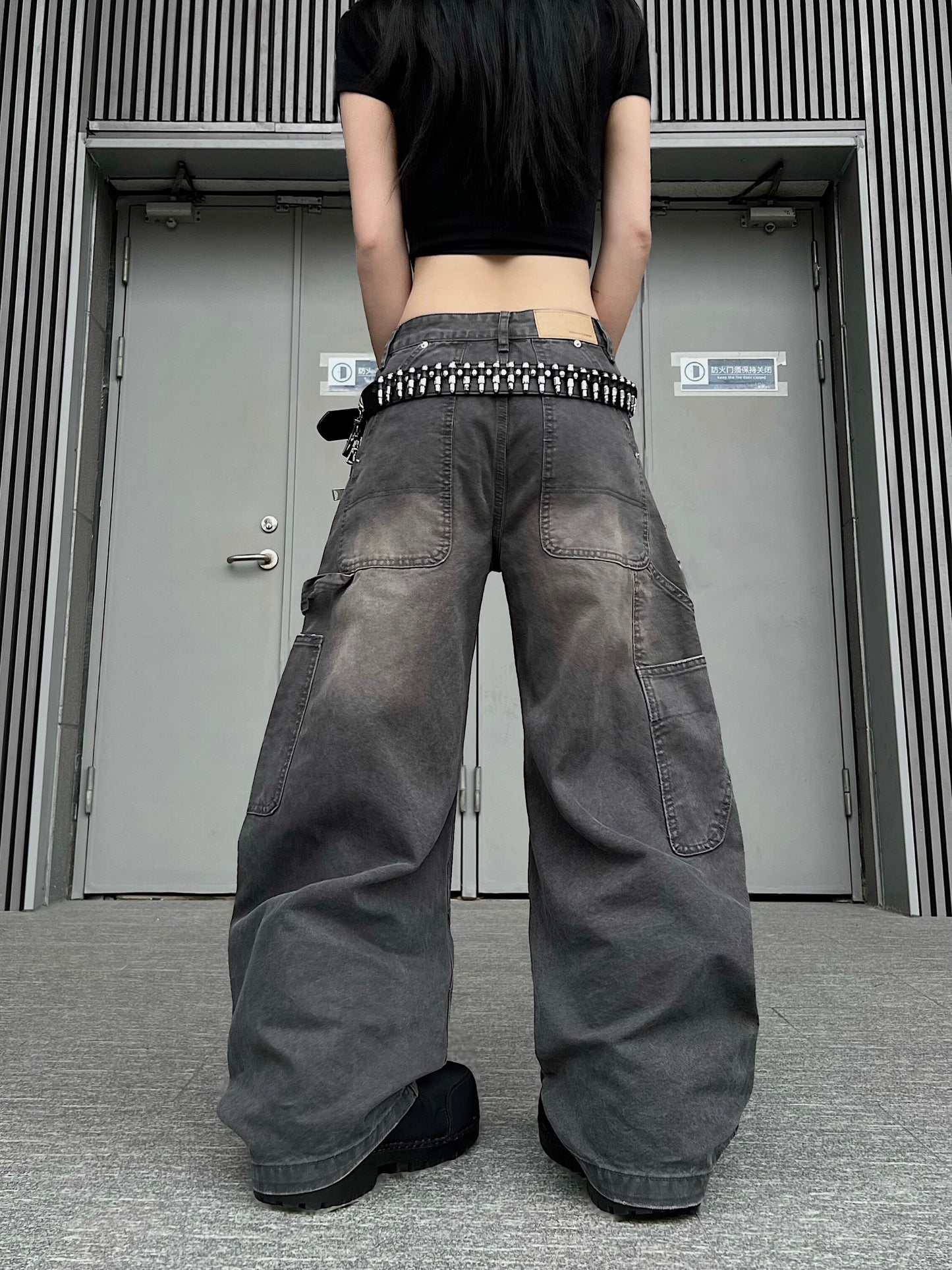Deconstructed Patchwork Wash Curved Wide Leg Denim Jeans WN24230