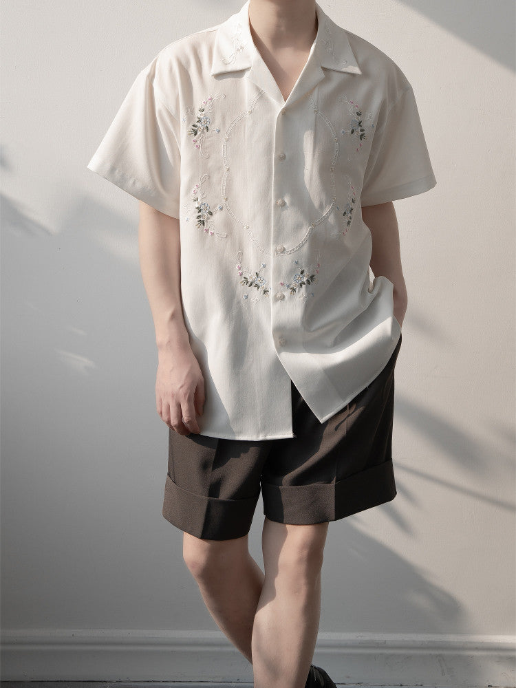 Floral Embroidery Open Collar Short Sleeve Shirt WN23614