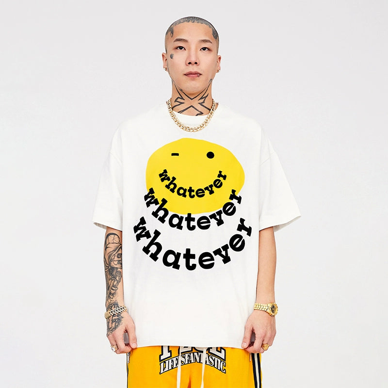 Smiley Face Raised Print Pure Cotton Short Sleeve T-Shirt WN12218