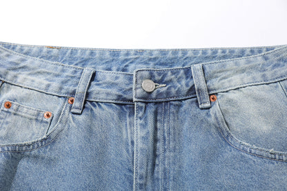 Wash Damage Straight Wide Leg Denim Jeans WN25646