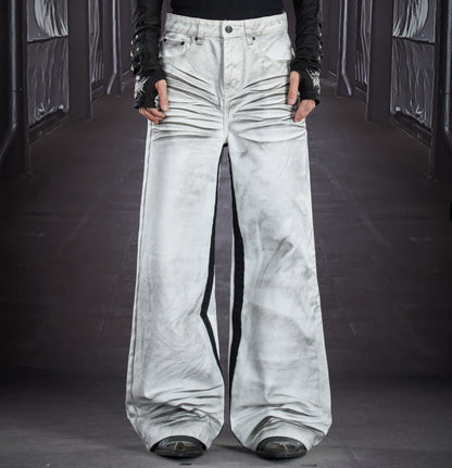 Hand Paint Whisker Honeycomb Wash Patchwork Straight Denim Jeans WN22907