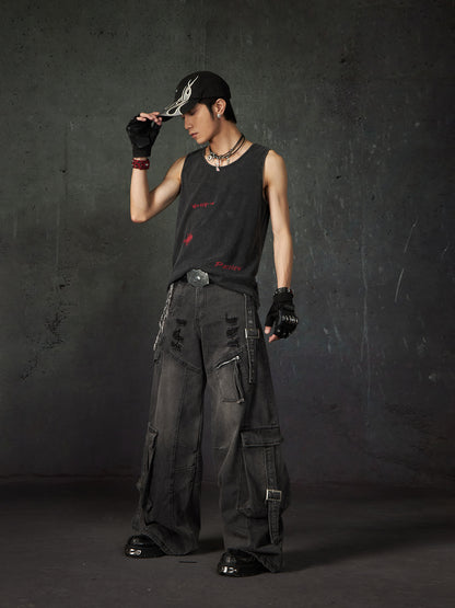 Multi-Pocket Damage Strap Design Wide-Leg Straight Cargo Denim Jeans WN15206