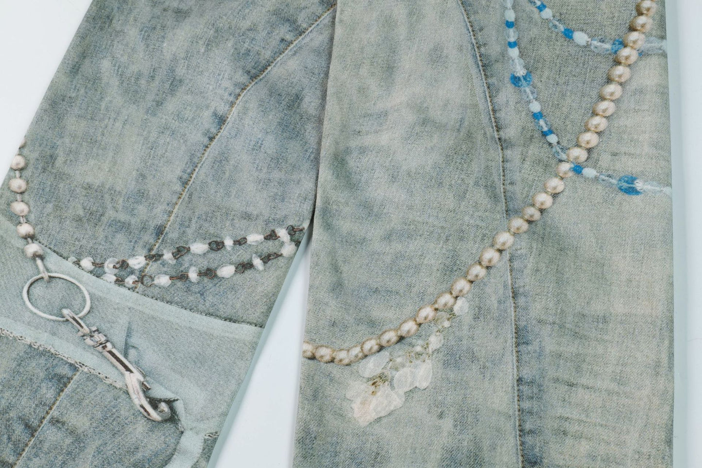 3D Print Washed Wide Leg Denim Jeans WN23038