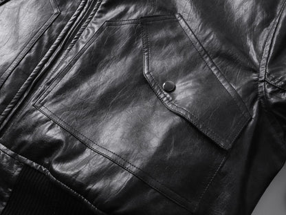 Standing-Collar Zip-Up Pocket PU Leather Jacket WN23085