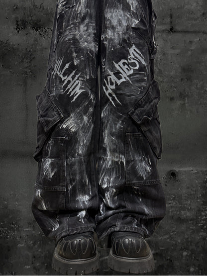 Paint Print Cargo Wide Leg Denim Jeans & Skull Belt & Belt Chain WN23787