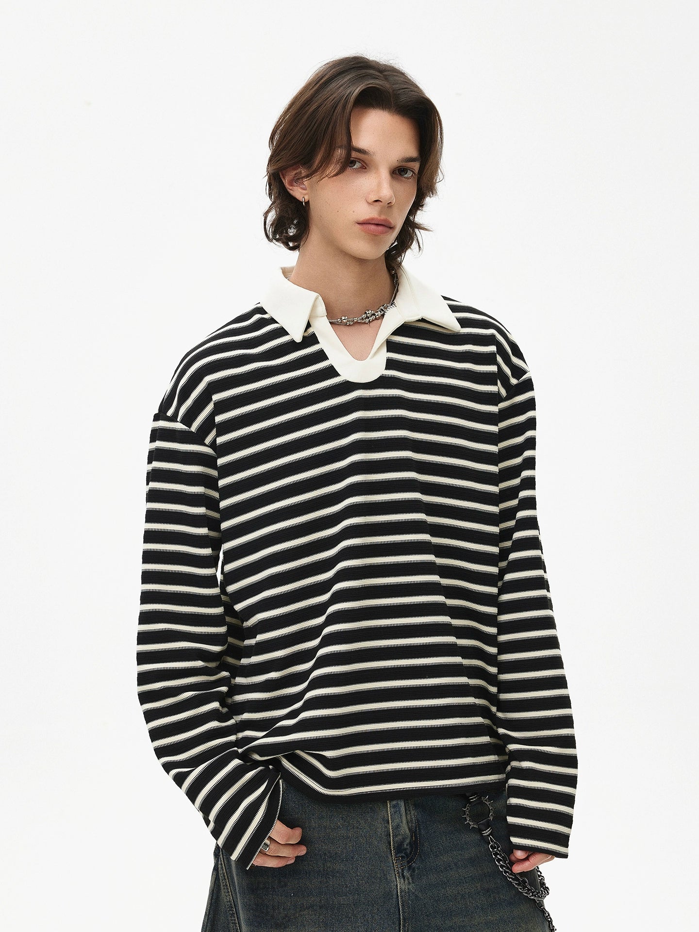 Stripe Polo-Collar Knit Long Sleeve Polo Shirt WN21448