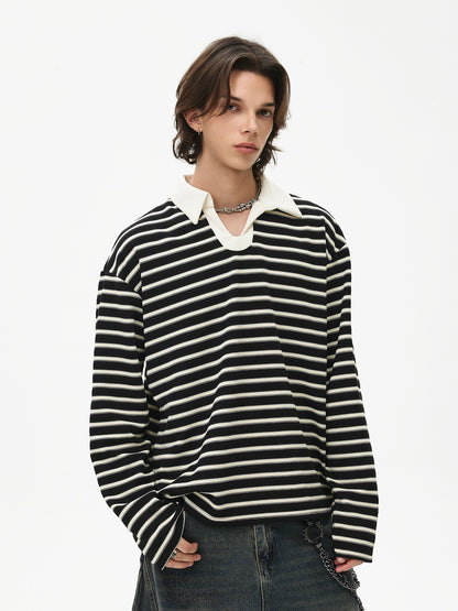 Stripe Polo-Collar Knit Long Sleeve Polo Shirt WN21448