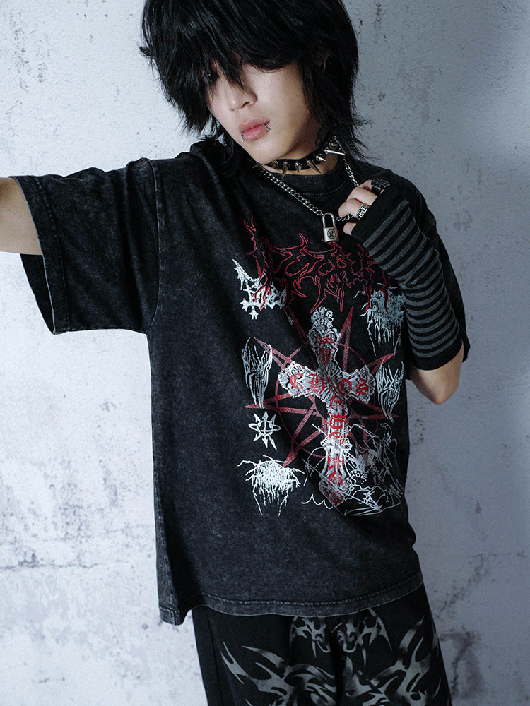 Oversize Print Washed Short Sleeve T-shirt WN15910