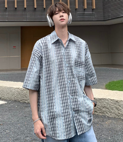 Stripe Patchwork Plaid Fringe Trim Oversize Short Sleeve Shirt WN25339
