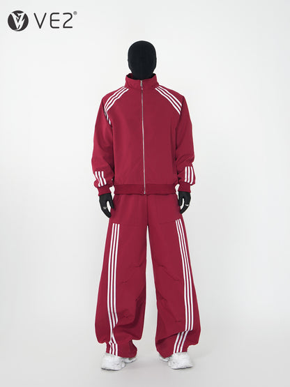 Three-Stripe Stand Neck Water-Repellent Jacket & Curved Wide Leg Pants Setup WN24142