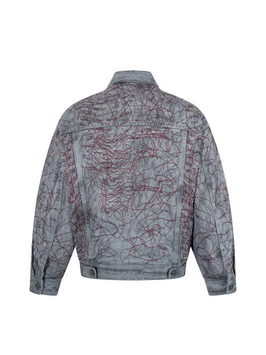 All-Over Random Stitch Embroidery Oversize Denim Jacket WN27865