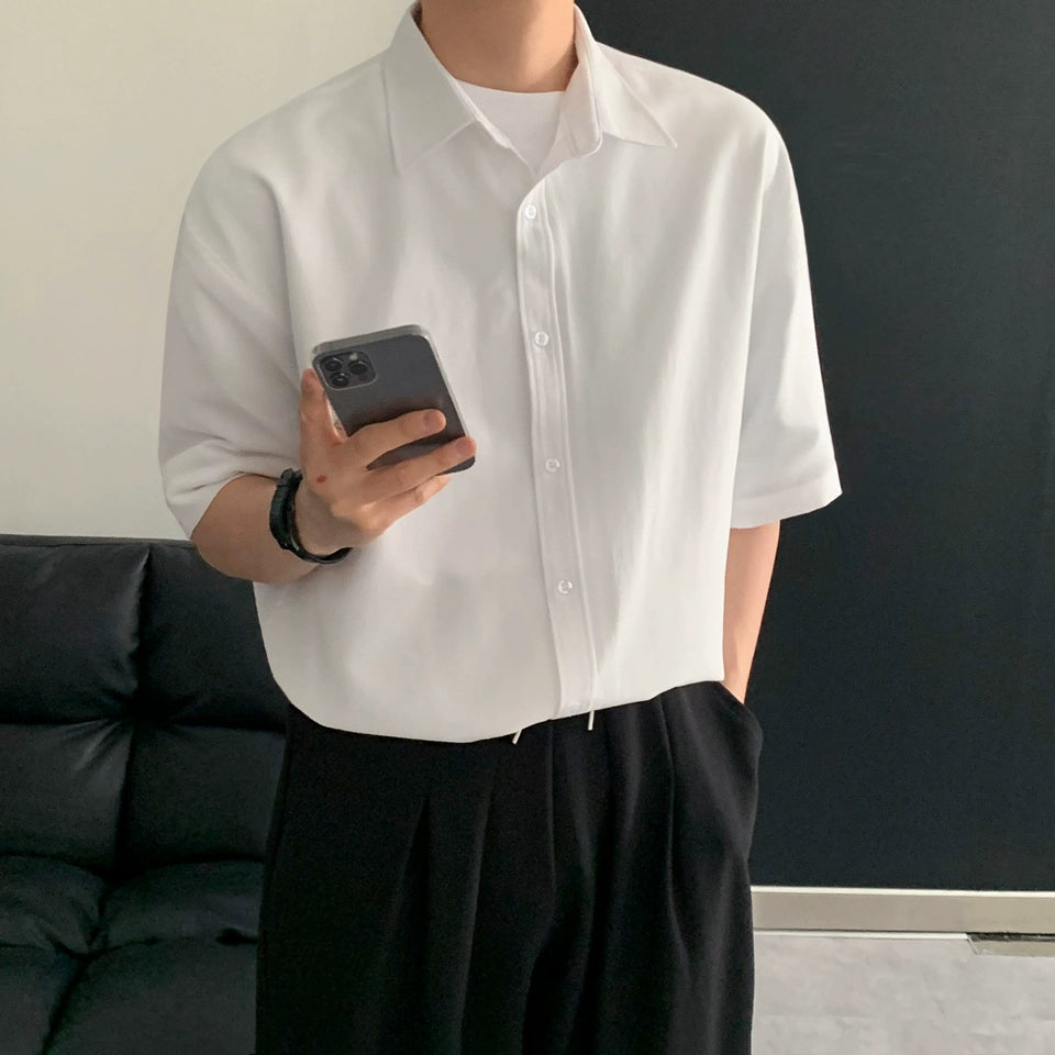 Lapel Solid Color Short Sleeve Shirt WN20231