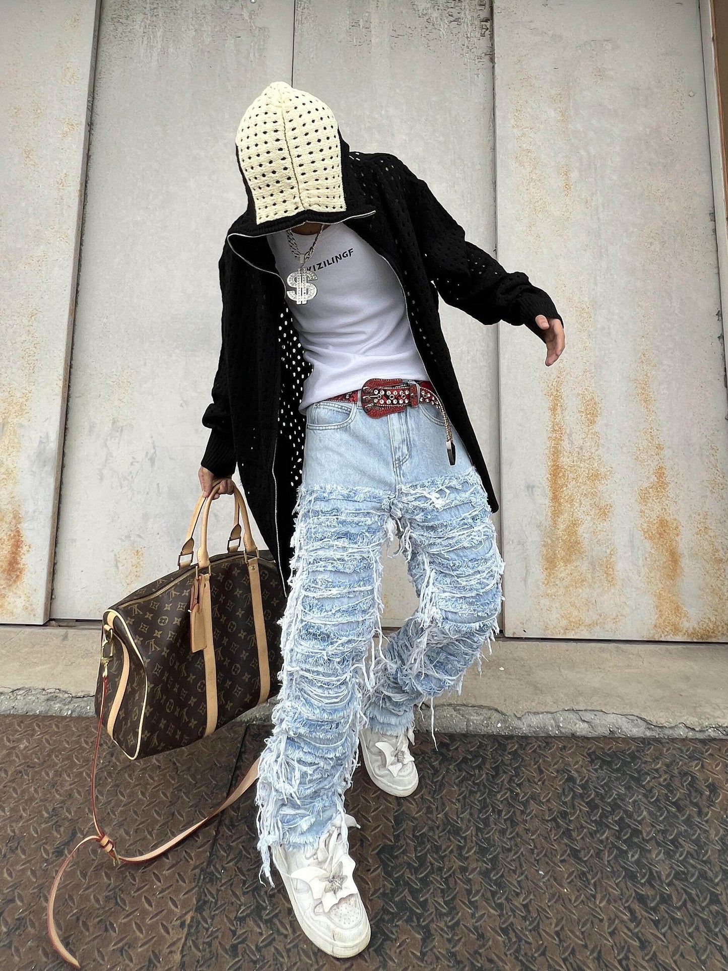 Washed Heavy Detail Fringe Straight Denim Jeans WN24094