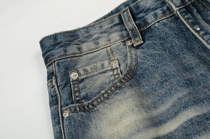 Washed Whisker Paint Splatter Straight Denim Jeans WN26147
