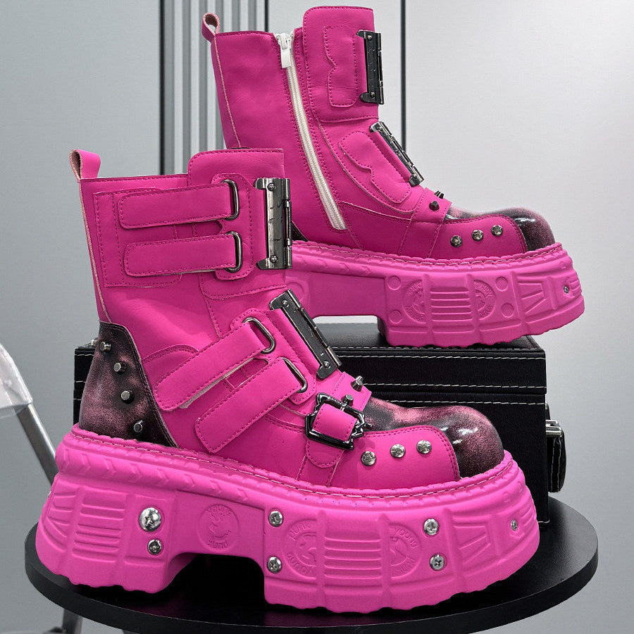 Patent Strap Buckle Studs Platform Short Boots WN24674