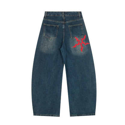 Washed Tribal Print Wide Leg Denim Jeans WN25507