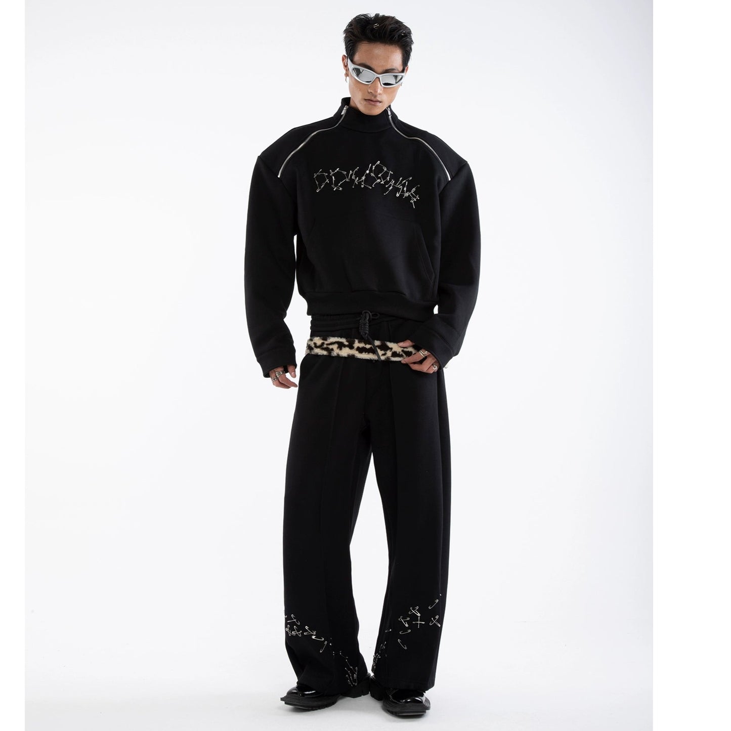 Pin Detail Stand Neck Zipper Sweatshirt &Wide Leg Pants Setup WN20649