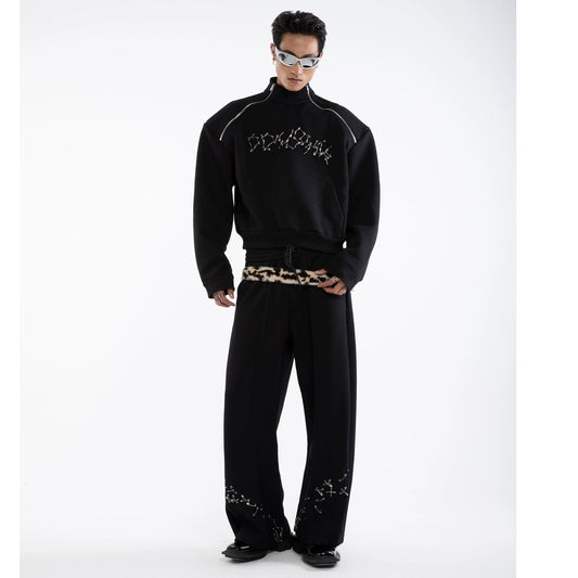 Pin Detail Stand Neck Zipper Sweatshirt &Wide Leg Pants Setup WN20649