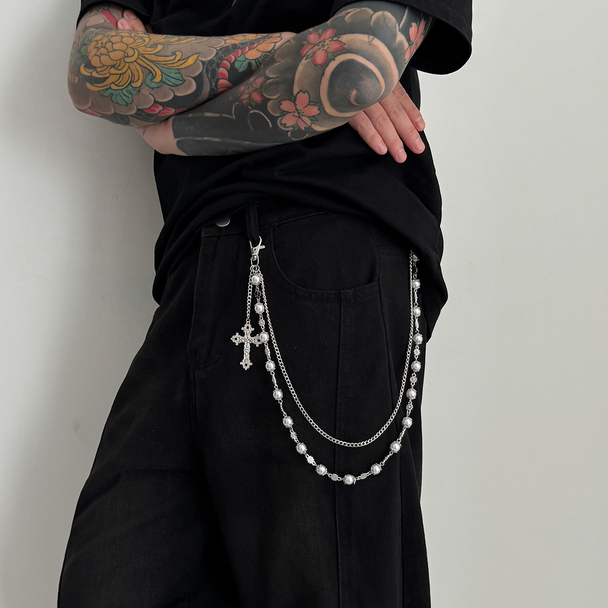 Pearl Beads Flower Cross Pants Chain WN21062