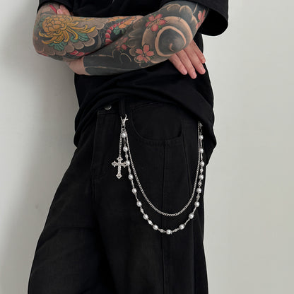 Pearl Beads Flower Cross Pants Chain WN21062