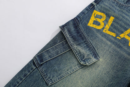 Washed Multi Pocket Letter Print Denim Half Jeans WN25994
