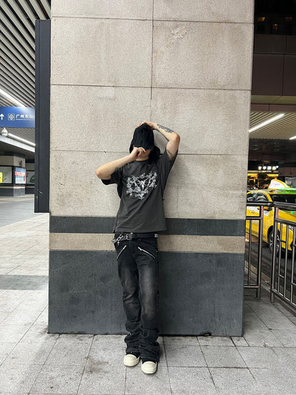 Washed Damage Zipper Design Flare Denim Jeans WN15754