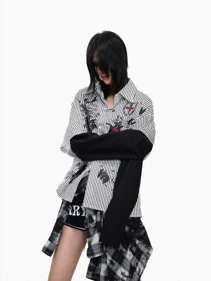 Striped Cross Print Fake Layered Long Sleeve Shirt WN27273