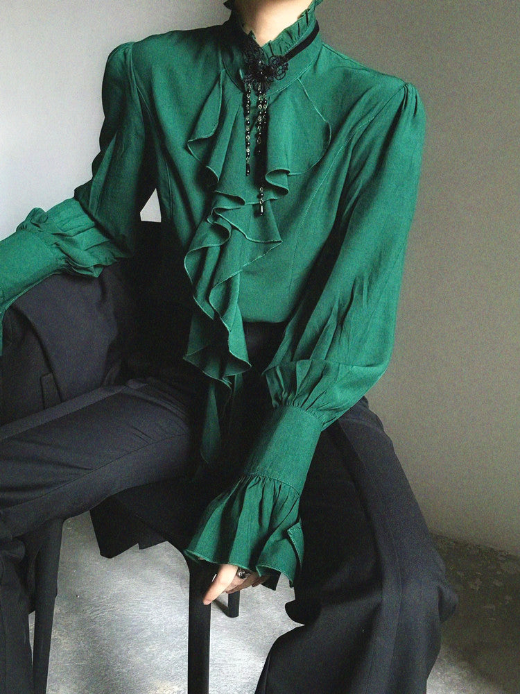 Standing-Collar Ruffle Drape Long Sleeve Shirt WN23140