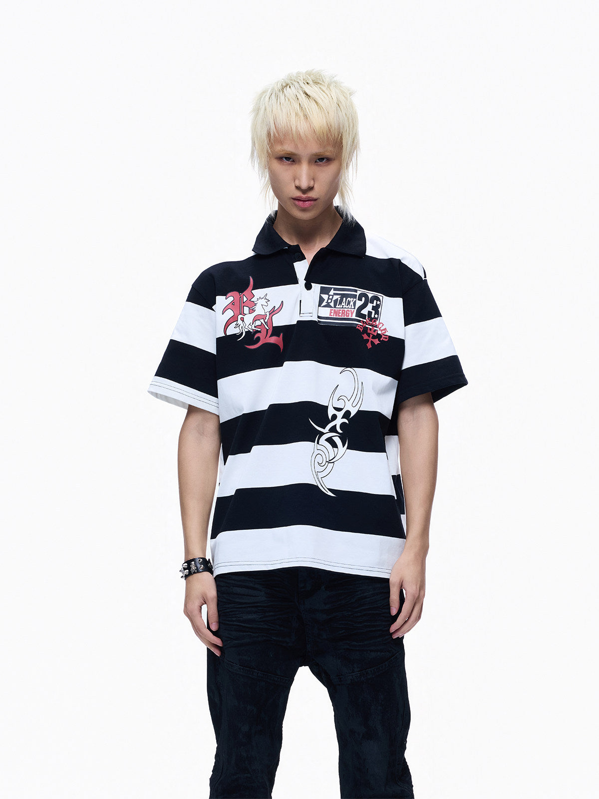 Polo Collar Stripe Print Oversize Short Sleeve T-Shirt WN27281
