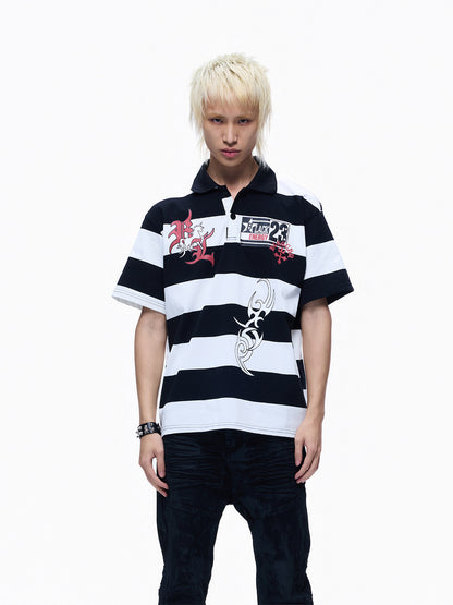 Polo Collar Stripe Print Oversize Short Sleeve T-Shirt WN27281