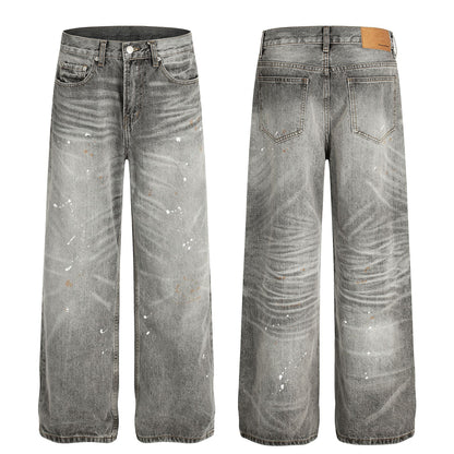 Dirty Washed Paint Wide Leg Denim Jeans WN25929